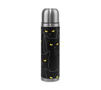 Mnsruu Black Cats Pattern Insulated Stainless Steel Water Vacuum Bottle Flask Double Walled Leak-proof Genuine Leather Cover 17 Oz/500ml