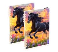 Mnsruu Black Horse Flower Field Spiral Notebook Journals 2 Pack, Hardcover Lined Journal for Women, A5 College Ruled Notebooks for Journaling Writing Work Office School 5.7x8.3 Inch