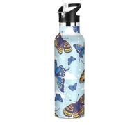 Mnsruu Blue Butterfly Water Bottle Stainless Steel Drink Flask with Straw Cap Insulated Bottle for Boys Girls Sports 20 oz (600 ml)