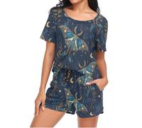 Mnsruu Blue Moth Herb Womens Pyjamas Sets Short Sleeves, Ladies Pajamas Pjs Set Loungewear with Pocket Size S