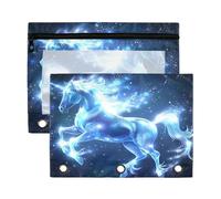Mnsruu Blue Neon Unicorn 3 Rings Binder Pouch Pencil Case, 2 Pack Pencil Pouches with Zipper, Clear Window Cosmetic Bag
