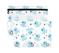 Mnsruu Blue Octopus 3 Rings Binder Pouch Pencil Case, 2 Pack Pencil Pouches with Zipper, Clear Window Cosmetic Bag