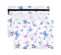 Mnsruu Blue Purple Butterflies 3 Rings Binder Pouch Pencil Case, 2 Pack Pencil Pouches with Zipper, Clear Window Cosmetic Bag