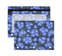 Mnsruu Blue Purple Forget Me Nots Flower 3 Rings Binder Pouch Pencil Case, 2 Pack Pencil Pouches with Zipper, Clear Window Cosmetic Bag