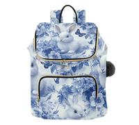 Mnsruu Blue Rabbit Flower Bunny Backpack for Women Travel Anti Theft Rucksack Large Casual Daypacks Quilted Laptop Purse Ladies Fashion Handbag