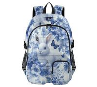 Mnsruu Blue Rabbit Flower Bunny Backpack Laptop Backpack for College Women Men College Bookbag Water Resistant Travel Daypack Casual Multi Pocket