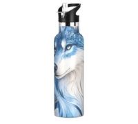 Mnsruu Blue Wolf Butterfly Galaxy Wolves Water Bottle Stainless Steel Drink Flask with Straw Cap Insulated Bottle for Boys Girls Sports 20 oz (600 ml)