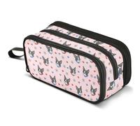 Mnsruu Boston Terrier Pink Hearts Pencil Case Large Capacity Pen Pouch Pencil Bag with 3 Compartments Pen Holder Organizer Stationery Bag