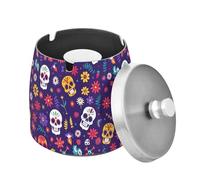 Mnsruu Bright Skulls and Flowers Seamless Smell-Proof Ashtray Desktop Ash Tray, Stainless Steel Ashtray for Garden Bar Balcony Home Office Decoration
