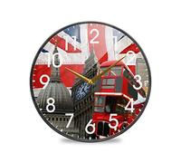 Mnsruu British Flag Big Ben Phone Booth Union Jack 9.5 Inch Round Wall Clock Battery Operated Non-Ticking Silent Quartz for Home Living Room Office Kitchen Bedroom