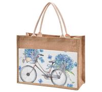 Mnsruu Burlap Jute Tote Bag Blue Forget Me Not Flowers Bicycle Reusable Grocery Shopping Bag Beach Tote Bag for Women Girls Bridesmaid Wedding School 43x32x18cm