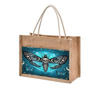 Mnsruu Burlap Jute Tote Bag Blue Moth Moon Skull Reusable Grocery Shopping Bag Beach Tote Bag for Women Girls Bridesmaid Wedding School 43x32x18cm
