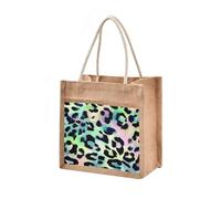 Mnsruu Burlap Jute Tote Bag Colorful Leopard Pattern Reusable Grocery Shopping Bag Beach Tote Bag for Women Girls Bridesmaid Wedding School 32x36x18cm
