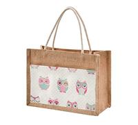 Mnsruu Burlap Jute Tote Bag Cute Sleeping Wink Owls for Kids Reusable Grocery Shopping Bag Waterproof Beach Tote Bag with Canvas Side Pocket for Women Girls Bridesmaid Wedding School 30x22x15cm