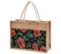 Mnsruu Burlap Jute Tote Bag Embroidery Red Poppies Forget-me-nots Reusable Grocery Shopping Bag Beach Tote Bag for Women Girls Bridesmaid Wedding School 32x36x18cm