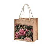 Mnsruu Burlap Jute Tote Bag Leopard Rose Pattern Reusable Grocery Shopping Bag Beach Tote Bag for Women Girls Bridesmaid Wedding School 43x32x18cm
