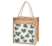 Mnsruu Burlap Jute Tote Bag Love Green Leopard Pattern Reusable Grocery Shopping Bag Beach Tote Bag for Women Girls Bridesmaid Wedding School 32x36x18cm