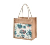 Mnsruu Burlap Jute Tote Bag Palm Trees House Pattern Reusable Grocery Shopping Bag Beach Tote Bag for Women Girls Bridesmaid Wedding School 32x36x18cm