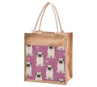 Mnsruu Burlap Jute Tote Bag Pink Heart Pugs Reusable Grocery Shopping Bag Beach Tote Bag for Women Girls Bridesmaid Wedding School 32x36x18cm