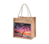 Mnsruu Burlap Jute Tote Bag Sunset Beach Landscape Reusable Grocery Shopping Bag Beach Tote Bag for Women Girls Bridesmaid Wedding School 32x36x18cm