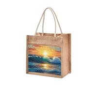 Mnsruu Burlap Jute Tote Bag Sunset Beach Landscape Reusable Grocery Shopping Bag Beach Tote Bag for Women Girls Bridesmaid Wedding School 30x22x15cm