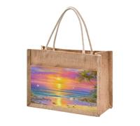 Mnsruu Burlap Jute Tote Bag Sunset Beach Scene Reusable Grocery Shopping Bag Beach Tote Bag for Women Girls Bridesmaid Wedding School 32x36x18cm