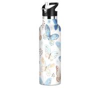 Mnsruu Butterflies Blue Butterfly Water Bottle Stainless Steel Drink Flask with Straw Cap Insulated Bottle for Boys Girls Sports 20 oz (600 ml)