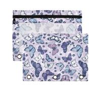 Mnsruu Butterflies Flowers Purple 3 Rings Binder Pouch Pencil Case, 2 Pack Pencil Pouches with Zipper, Clear Window Cosmetic Bag