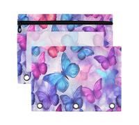 Mnsruu Butterflies Purple 3 Rings Binder Pouch Pencil Case, 2 Pack Pencil Pouches with Zipper, Clear Window Cosmetic Bag