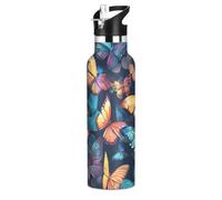 Mnsruu Butterfly Blue Butterflies Black Water Bottle Stainless Steel Drink Flask with Straw Cap Insulated Bottle for Boys Girls Sports 20 oz (600 ml)