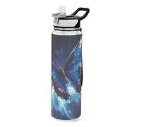 Mnsruu Butterfly Blue Butterflies J Water Bottle Drinking Bottle with Straw 1L Leakproof BPA Free Tritan Clear for Kids Boys Girls Women School Travel Sport