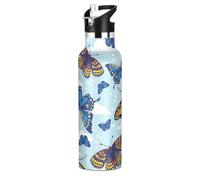Mnsruu Butterfly Blue Butterflies Water Bottle Stainless Steel Drink Flask with Straw Cap Insulated Bottle for Boys Girls Sports 20 oz (600 ml)