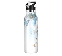 Mnsruu Butterfly Blue Rose White Water Bottle Stainless Steel Drink Flask with Straw Cap Insulated Bottle for Boys Girls Sports 20 oz (600 ml)