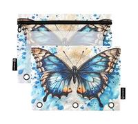 Mnsruu Butterfly Blue Watercolor Pencil Pouch for 3 Ring Binder, 2 PCS Binder Pencil Pouch with Zipper, Clear Window Zipper Pencil Case Pencil Bags for Office Supplies
