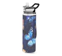 Mnsruu Butterfly Boho Butterflies Blue Water Bottle 32 oz with Straw Lid, Leakproof Tritan BPA-Free Clear Sports Bottles Carry Strap Water Jug for Boys Girls