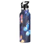 Mnsruu Butterfly Boho Butterflies Blue Water Bottle Stainless Steel Drink Flask with Straw Cap Insulated Bottle for Boys Girls Sports 20 oz (600 ml)