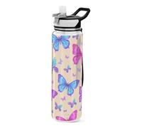 Mnsruu Butterfly Pink Butterflies Blue Water Bottle Drinking Bottle with Straw 1L Leakproof BPA Free Tritan Clear for Kids Boys Girls Women School Travel Sport