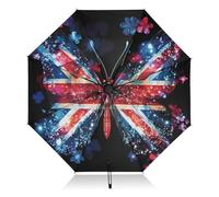 Mnsruu Butterfly Union Jack British Flag Folding Umbrella Inverted Umbrella Automatic Open Close Compact Umbrella Portable Large for Rain Sun UV Protection Windproof