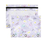 Mnsruu Butterfly White Daisy Purple 3 Rings Binder Pouch Pencil Case, 2 Pack Pencil Pouches with Zipper, Clear Window Cosmetic Bag
