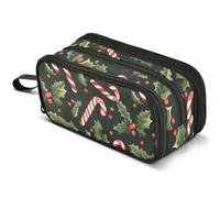 Mnsruu Candy Cane Holly Leave Pencil Case Large Capacity Pen Pouch Pencil Bag with 3 Compartments Pen Holder Organizer Stationery Bag