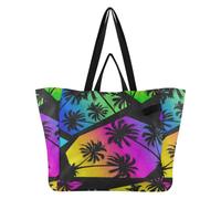 Mnsruu Canvas Tote Reusable Shopping Bags Abstract Colorful Geometry Palm Trees, Reusable Grocery Shopping Bags, Carry On Travel Weekend Beach Bag