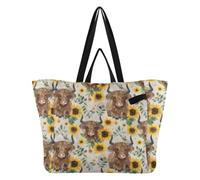 Mnsruu Canvas Tote Reusable Shopping Bags Sunflower Highland Cows Pattern, Reusable Grocery Shopping Bags, Carry On Travel Weekend Beach Bag