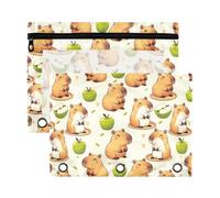 Mnsruu Capybara Green Apple 3 Rings Binder Pouch Pencil Case, 2 Pack Pencil Pouches with Zipper, Clear Window Cosmetic Bag