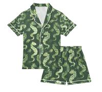 Mnsruu Cartoon Dragon Green Satin Summer Pajama Sets Silk Short Sleeve Button Down Sleepwear