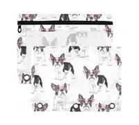 Mnsruu Cartoon French Bulldog with Pink Glasses 3 Rings Binder Pouch Pencil Case, 2 Pack Pencil Pouches with Zipper, Clear Window Cosmetic Bag