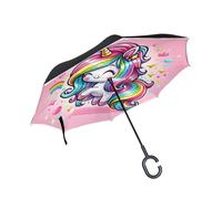 Mnsruu Cartoon Rainbow Unicorn Inverted Reverse Umbrella Double Layer Upside Down Windproof Waterproof Car Stick Umbrella with C-shape Handle