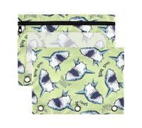 Mnsruu Cartoon Shark Green 3 Rings Binder Pouch Pencil Case, 2 Pack Pencil Pouches with Zipper, Clear Window Cosmetic Bag