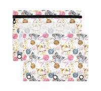 Mnsruu Cat Ball of Yarn 3 Rings Binder Pouch Pencil Case, 2 Pack Pencil Pouches with Zipper, Clear Window Cosmetic Bag