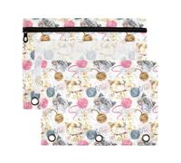 Mnsruu Cat Ball of Yarn 3 Rings Binder Pouch Pencil Case, 2 Pack Pencil Pouches with Zipper, Clear Window Cosmetic Bag