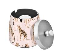 Mnsruu Cheetah Leopard Pink Smell-Proof Ashtray Desktop Ash Tray, Stainless Steel Ashtray for Garden Bar Balcony Home Office Decoration